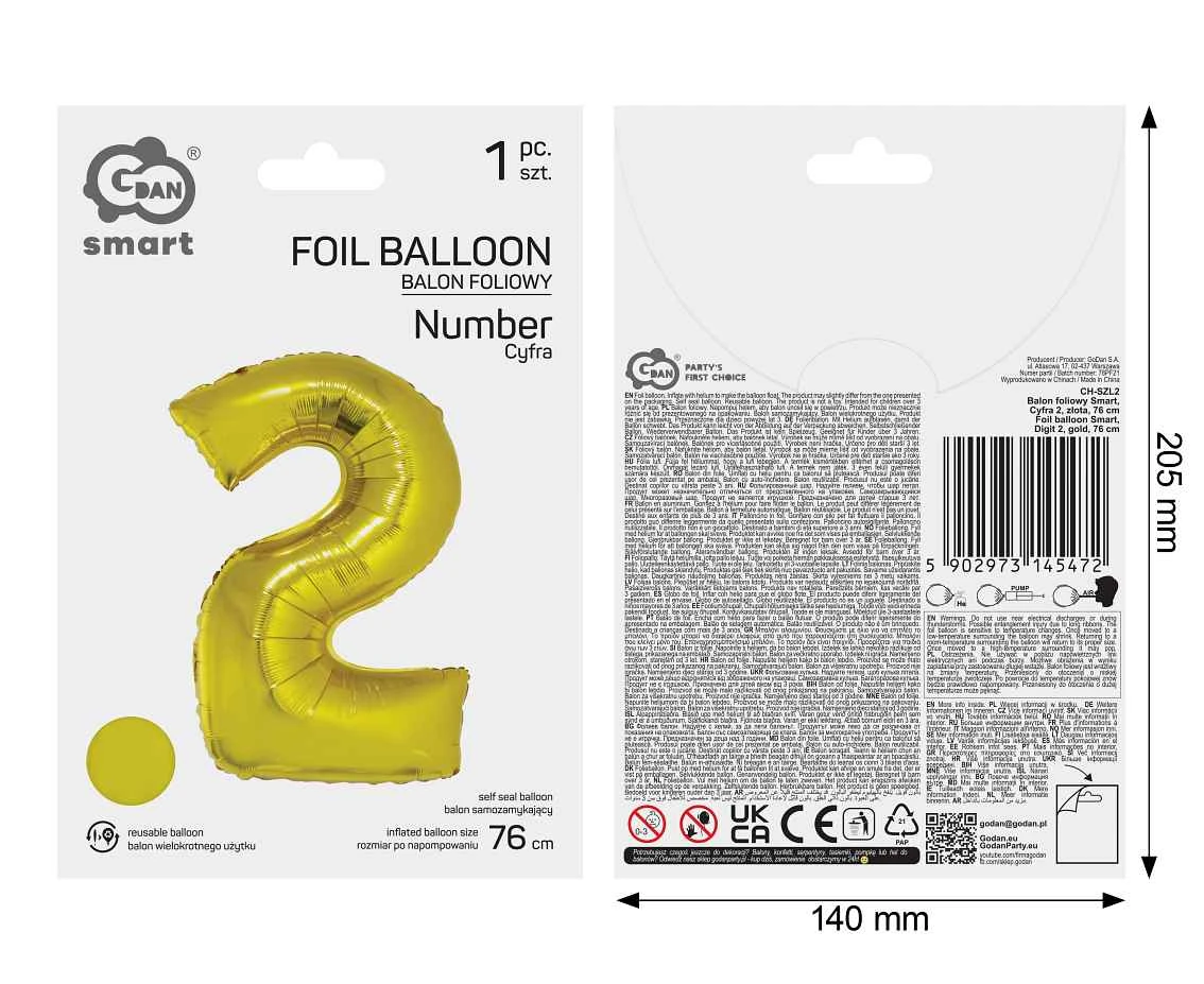 Foil balloon Smart, digit 2, gold, 76 cm